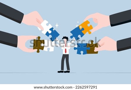 Business coordination skill, ability to work effectively with others, clear communication and adapting to changing circumstance concept, Businessman connecting jigsaw puzzles with many hands. 