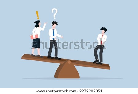 Double standard in the workplace, treating employees differently, discrimination concept, Businessman is heavier than two confused colleauges on another side of seesaw.