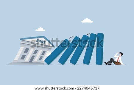 Potential bank failure, financial crisis, decrease in investor confidence, economic downturn, bankruptcy concept, Collapse of bank buidling causing dominoes fall on businessman.