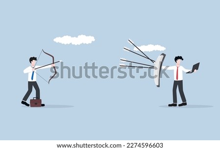 Strong and sustainable business, strategy to overcome competitor, efficient operation, unique value proposition concept, Businessman holding shield to protect arrows while working chill.