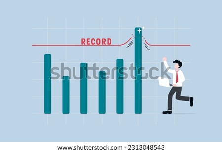 Record breaking sales, earning exceed expectation, surpassing business target concept, Cheerful businessman seeing bar graph breaking through record line.
