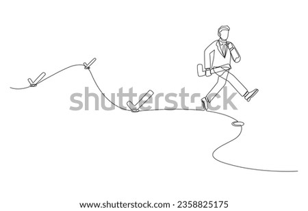 Continuous one line drawing of businessman running to next checkpoint to put check mark, journey of success, work progress concept, single line art.