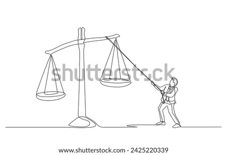 Continuous one line drawing of businessman pulling rope to balance justice scale, business ethics concept, single line art.