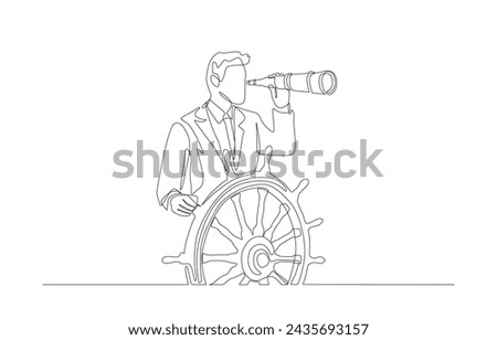 Continuous one line drawing of businessman steering ship and looking through telescope, business vision or career opportunity concept, single line art.