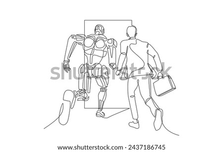 Continuous one line drawing of businessman and robot competing to enter door first, human versus AI, employment concept, single line art.