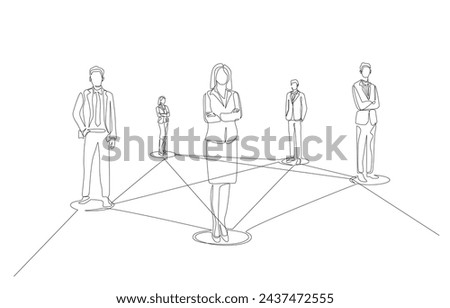 Continuous one line drawing of business people connected by lines, business networking and connection concept, single line art.