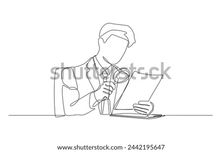 Continuous one line drawing of businessman using magnifying glass to check documents, document checking, budget analysis, contract validation concept, single line art.