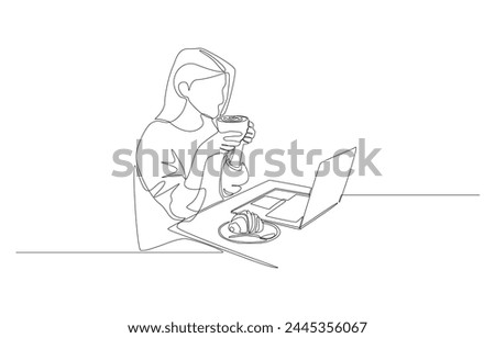 Continuous one line drawing of young lady working in cafe, freelancer or flexible working  concept, single line art.