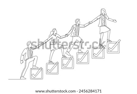 Continuous one line drawing of colleagues holding hands and stepping up stairs of completed checkboxes, team project progress or team workflow concept, single line art.