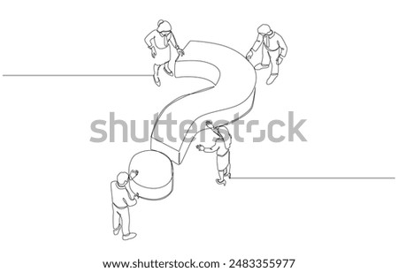 Continuous one line drawing of businesspeople with big question mark, teamwork to find solution to solve business problem, answering question concept, single line art.