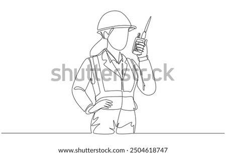 Continuous one line drawing of female engineer holding walkie-talkie to talk to the foreman at a construction site, construction project concept, single line art.