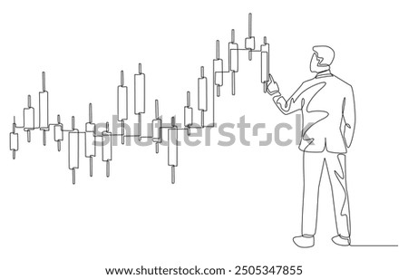 Continuous one line drawing of businessman looking at candlestick graph, investing in stock market, investor and speculation concept, single line art.