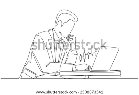 Continuous one line drawing of businessman looking at candlestick graph coming out of laptop screen, stock market or cryptocurrency investment concept, single line art.