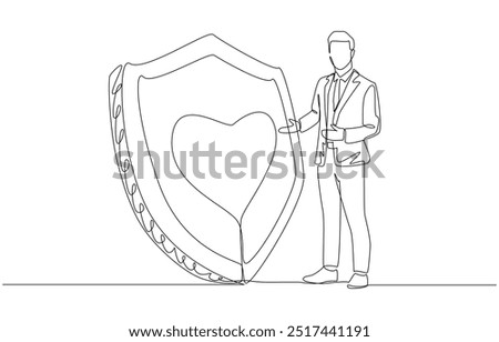 Continuous one line drawing of insurance agent holding out both hands to shield with heart symbol, offering health insurance concept, single line art.