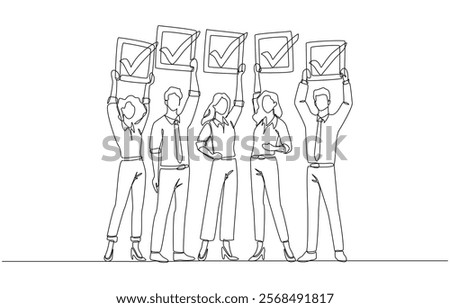 Continuous one line drawing of business team holding completed checkboxes, teamwork and project success, mission accomplished team concept, single line art