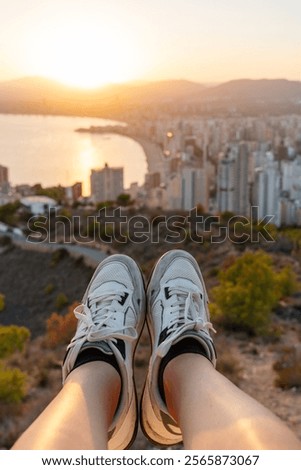 Similar – Image, Stock Photo Anonymous traveler on hill on misty day