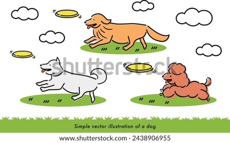 Illustration of golden retriever, shiba inu and toy poodle running, playing and jumping while sticking out their tongues in a dog run