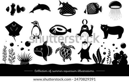 Summer aquarium silhouette icon illustration set: cute creatures - fish, penguins, dolphins, etc.