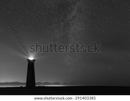 San Roman Lighthouse at night with stars, in Venezuela, Black and White