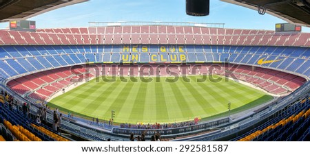 BARCELONA, SPAIN - JUNE 23, 2012: Panoramic view of empty Camp Nou football stadium. Capacity: Over 98.000 spectators. Barcelona, Spain