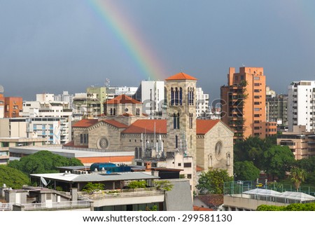 A gift from the skies: Chiquinquira church in Caracas, Venezuela, with a rainbow right over it.