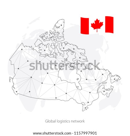 Global logistics network concept. Communications network map of the Canada on the world background. Map Canada with nodes in polygonal style and flag. Vector illustration EPS10. 