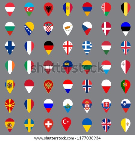 Set of forty nine geolocation icons. Flags of all European countries in the form of geolocation icons.  Geotag icons for your web site design, logo, app, UI.  Vector illustration EPS10.