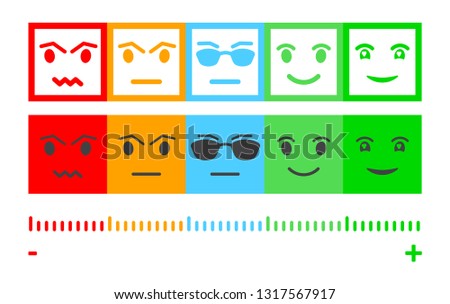 Five Color Faces Feedback/Mood. Set five faces scale - smile neutral sad - isolated vector illustration. Scale bar rating feedback from red to green. Flat design. Vector illustration EPS10. 