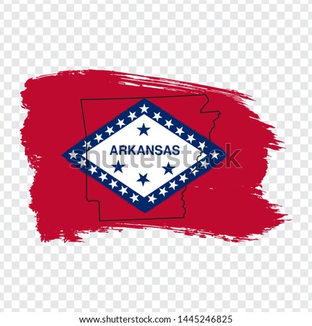Flag of Arkansas from brush strokes and Blank map of Arkansas. United States of America. High quality map Arkansas and flag on transparent background. Stock vector. Vector illustration EPS10.