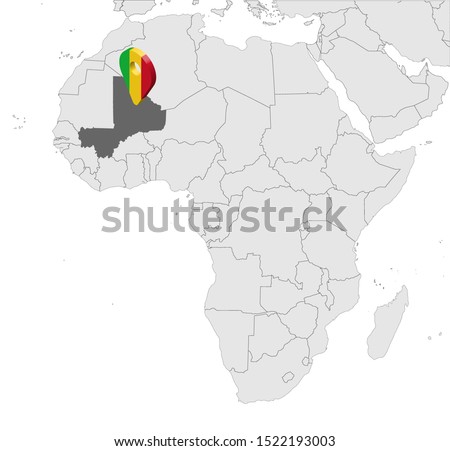 Location Map of Mali on map Africa. 3d Republic of Mali flag map marker location pin. High quality map of  Mali. Vector illustration EPS10.