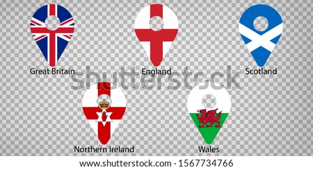 Set Flags of Great Britain, Scotland, Wales, England, Northern Ireland   - with signature.  Set of 2D geolocation signs like national flags of  Great Britain.  Five 2d geolocation signs of UK. EPS10.