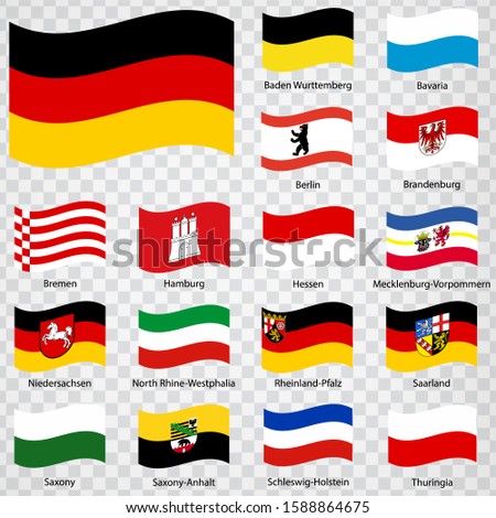 Sixteen flags of the lands  Germany - alphabetical order with name and flag Federal Republic of Germany. Germany Waving Flags for your web site design, logo, app, UI. Stock vector. EPS10.