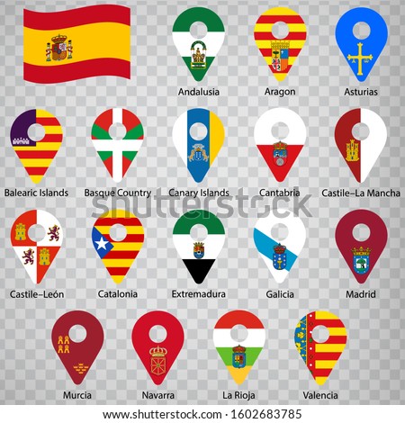 Seventeen flags of the Autonomous Community of Spain - alphabetical order with name.  Set of 2d geolocation signs like flags lands of Spain. Seventeen geolocation signs for your design, logo. EPS10.