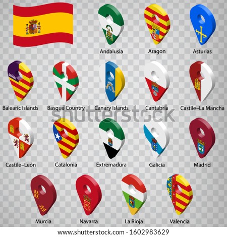 Seventeen flags of the Autonomous Community of Spain - alphabetical order with name.  Set of 3d geolocation signs like flags lands of Spain. Seventeen 3d geolocation signs for your design. EPS10.