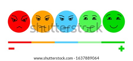 Five Color Faces Feedback/Mood. Set five faces scale - smile neutral sad - isolated vector illustration. Scale bar rating feedback from red to green. Flat design. Vector illustration EPS10. 