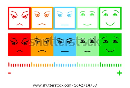 Five Color Faces Feedback/Mood. Set five faces scale - smile neutral sad - isolated vector illustration. Scale bar rating feedback from red to green. Flat design. Vector illustration EPS10. 