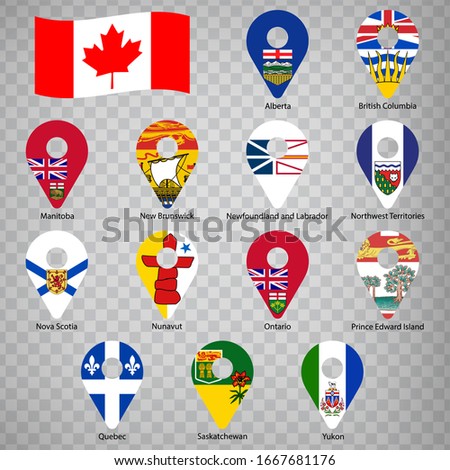 Thirteen flags the Provinces of Canada  - alphabetical order with name.  Set of 2d geolocation signs like flags Provinces of Canada.  Thirteen geolocation signs for your design. EPS10.