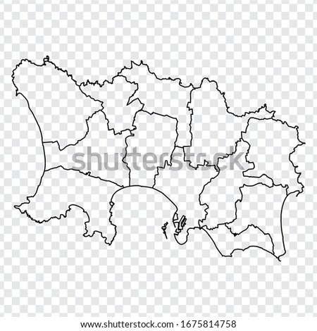 Blank map of Jersey. High quality map of Jersey with provinces on transparent background for your web site design, logo, app, UI.  Europe. UK. EPS10.