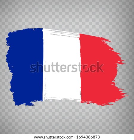 Flag France, brush stroke background.  Flag Republic of France on transparent background. Stock vector.  Flag for your web site design, logo, app, UI. Vector illustration EPS10.