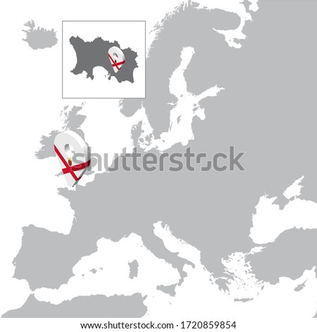 Jersey Location Map on map Europe. 3d Jersey flag map marker location pin. High quality map Jersey for your web site design, app, UI. Stock vector.  EPS10.