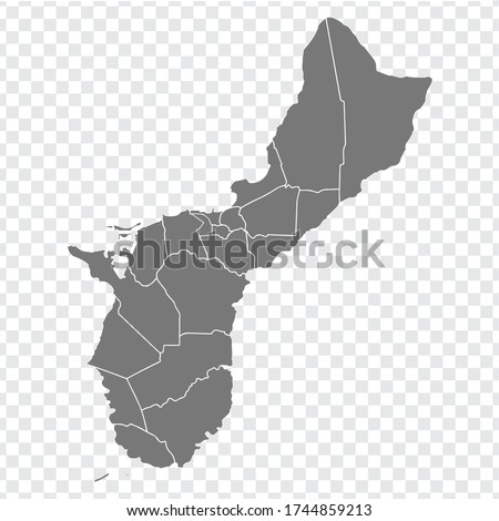 Blank map of Guam. High quality map of Guam  with provinces on transparent background for your web site design, app, UI.  Oceania.  USA. EPS10.