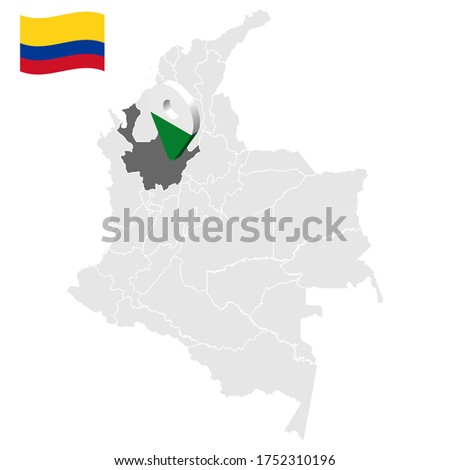 Location of Antioquia on map Colombia. 3d Antioquia  location sign. Flag of Antioquia. Quality map with regions Republic of Colombia for your web site design, logo, app, UI. Stock vector. EPS10.