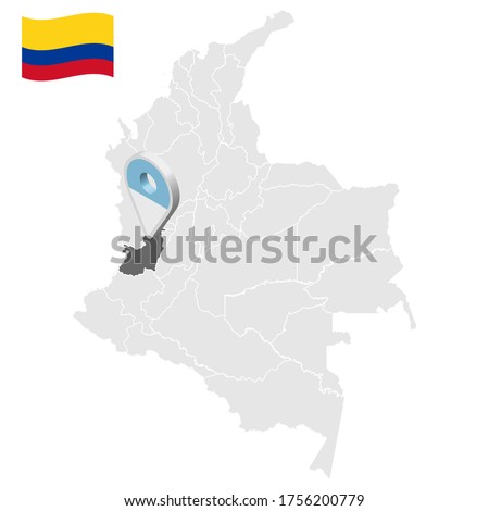 Location of Cauca's Valley on map Colombia. 3d Cauca's Valley location sign. Flag of Cauca's Valley. Quality map with regions  of Colombia for your web site design, logo, app, UI. Stock vector. EPS10.