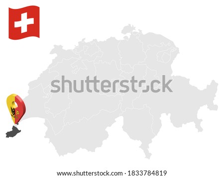 Location Canton of  Geneva on map Switzerland. 3d location sign similar to the flag of  Geneva. Quality map  with  provinces of  Switzerland for your design. EPS10.