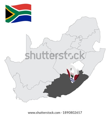 Location  Eastern Cape on map South Africa. 3d location sign similar to the flag of  province Eastern Cape. Quality map  with regions of South Africa for your design. EPS10.