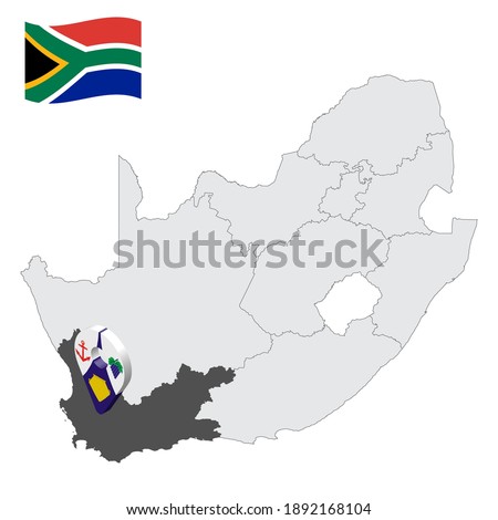 Location  Western Cape Province on map South Africa. 3d location sign similar to the flag of  province Western Cape. Quality map  with regions of South Africa for your design. EPS10.