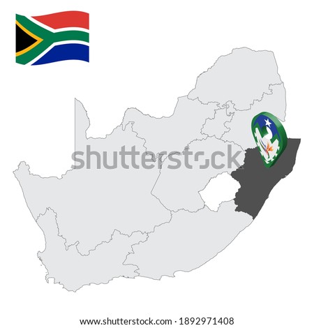 Location  KwaZulu-Natal Province on map South Africa. 3d location sign similar to the flag of  province KwaZulu-Natal. Quality map  with regions of South Africa for your design. EPS10.