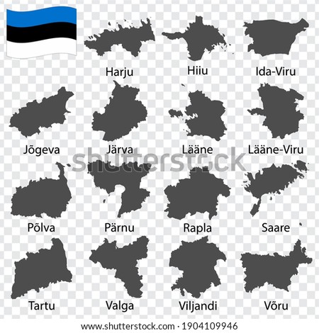 Fifteen Maps counties of Estonia - alphabetical order with name. Every single map of Province are listed and isolated with wordings and titles. Republic of Estonia. EPS 10.