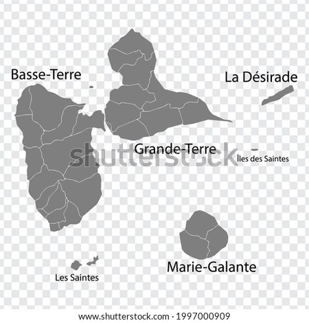 Blank map Guadeloupe in gray. Every Island map is with titles. High quality map of  Guadeloupe with districts on transparent background for your  design.  Caribbean. France. EPS10.