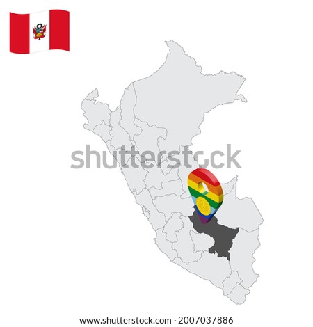 Location of  Cuzco on map Peru. 3d location sign similar to the flag of Cuzco. Quality map  with  provinces Republic of Peru for your design. EPS10